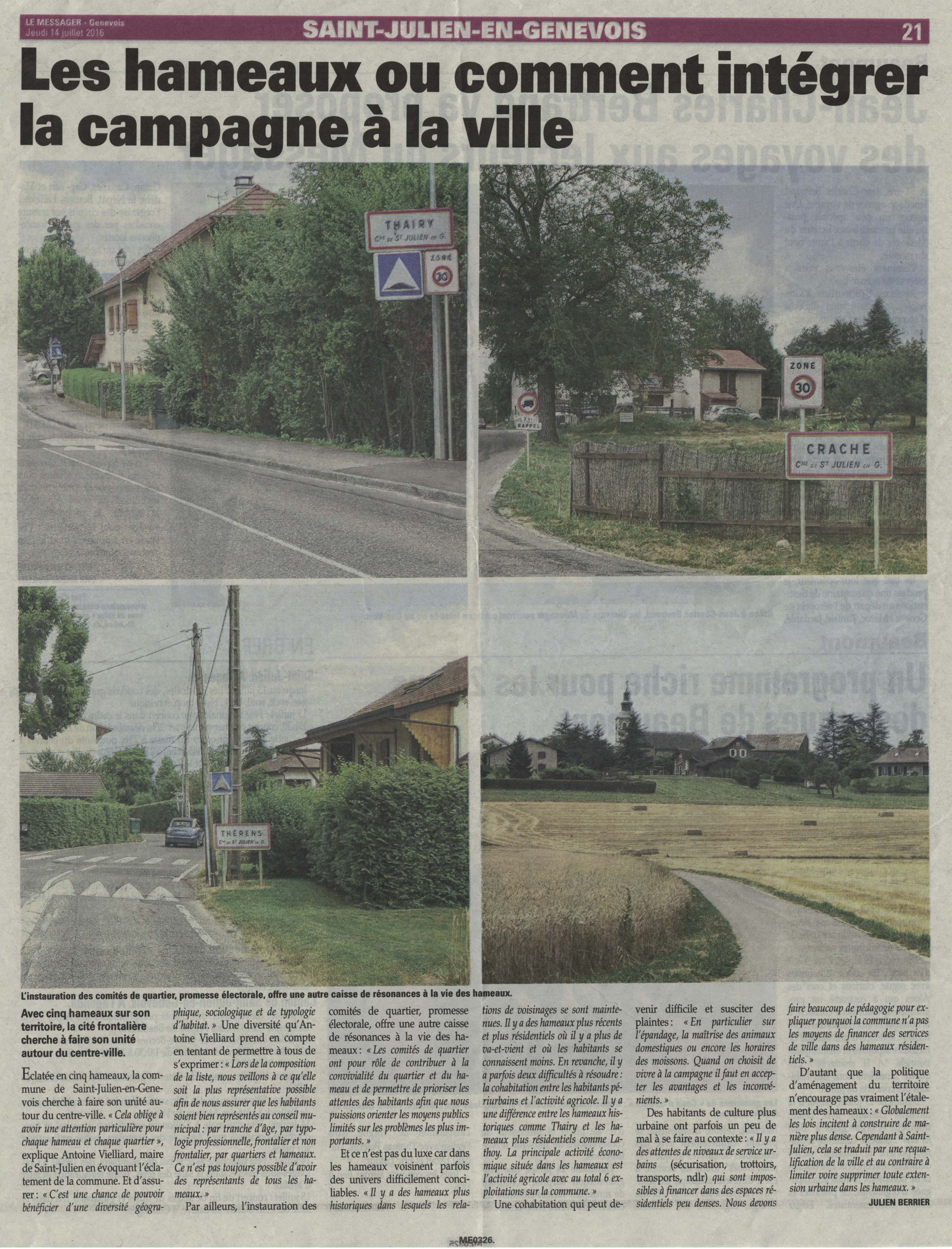 Article du Messager sur les hameaux de Saint-Julien-en-Genevois